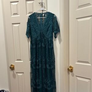 Pinkblush Teal Lace Overlay Embroidered Maxi Dress
